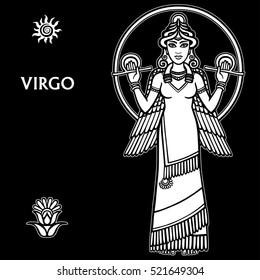  Zodiac sign Virgo. Full growth. White drawing isolated on a black background, based on motives of Sumerian art. Vector illustration.