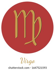 Zodiac sign Virgo, hand drawn vector with gold color and shadow isolated on the red and white background