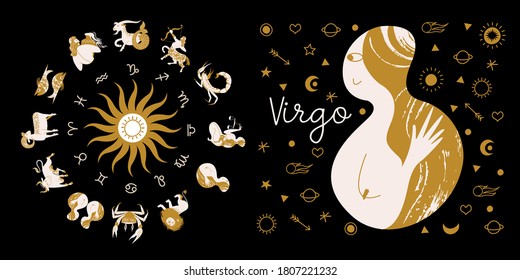 Zodiac sign Virgo. Horoscope and astrology. Full horoscope in the circle. Horoscope wheel zodiac with twelve signs vector. 