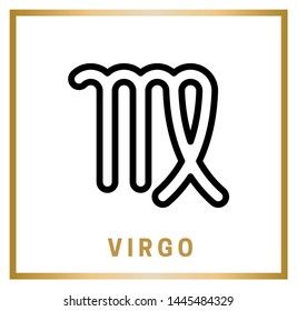 Zodiac sign. Virgo. Horoscope. Isolated black icon on a white background with a golden inscription. Vector illustration