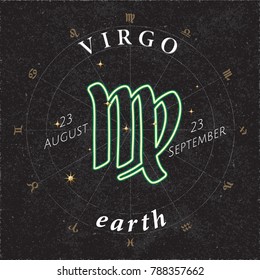 Zodiac Sign Virgo Inverted Logo and Earth Lettering with Virgo Constellation Stars and Dates in Zodiac Circle - Gold and White Elements on Black Rough Paper Background - Vector Mixed Graphic Design