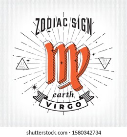 Zodiac Sign Virgo Logo and Earth Lettering with Virgo Constellation Stars and Dates over Rays Circle - Black on White Striped Background - Vector Vintage Graphic Design