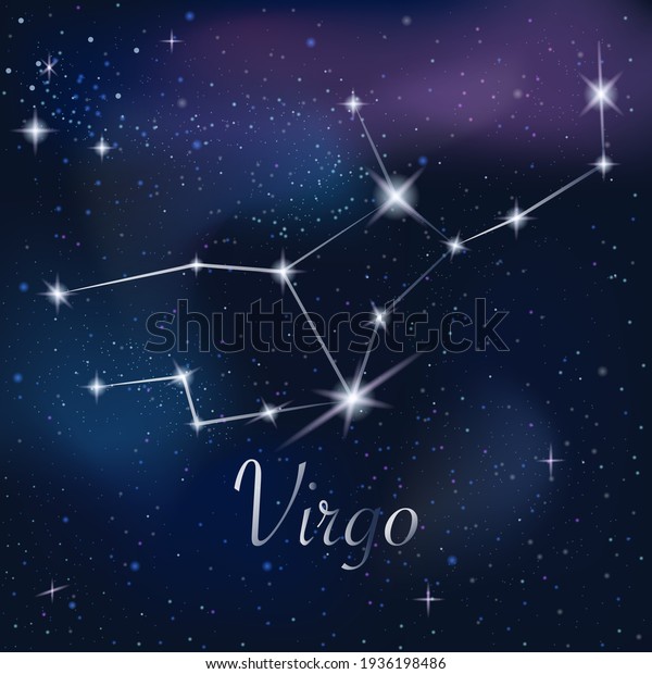 Zodiac sign Virgo on
against the background of the starry sky. Constellation Virgo on
starry night background. Astrological zodiac against the background
of space.