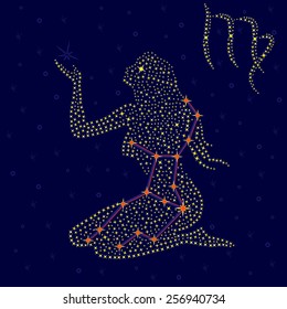 Zodiac sign Virgo on a background of the starry sky with the scheme of stars in the constellation, vector illustration