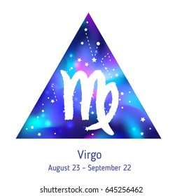 Zodiac sign Virgo over hipster triangle with space galactic starry texture inside. Night sky full of stars. Vector galaxy design for horoscope predictions, fortune telling, posters. Inner space.