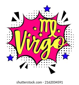 Zodiac sign Virgo. Pop art vector illustration. Virgo Comic book sign illustration. Vector. Line art, ideal for poster, print, postcard, colouring book.