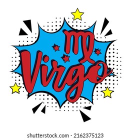 Zodiac sign Virgo. Pop art vector illustration. Virgo Comic book sign illustration. Vector. Line art, ideal for poster, print, postcard, colouring book.