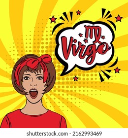 Zodiac sign Virgo. Pop art vector illustration. Virgo Comic book sign illustration. Vector. Line art, ideal for poster, print, postcard, colouring book.