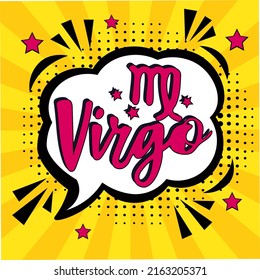 Zodiac sign Virgo. Pop art vector illustration. Virgo Comic book sign illustration. Vector. Line art, ideal for poster, print, postcard, colouring book.