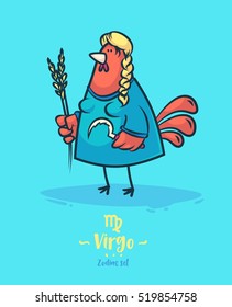 Zodiac Sign Virgo. Rooster And Sickle And Wheat. Greeting Card Background Poster. Vector Illustration. Horoscope