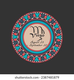 Zodiac sign Virgo in a round paterned frame. Multi-colored icon, emblem on a black background. Vector illustration svg