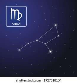 Zodiac sign Virgo in the starry sky. Schematic representation of the zodiac sign with its name and symbol