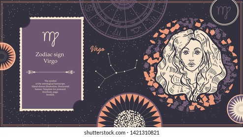 Zodiac sign Virgo. The symbol of the astrological horoscope. Hand-drawn illustration. Horizontal banner. Template for postcard, brochure, page, booklet.