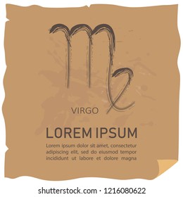 Zodiac sign Virgo with text frame on craft paper background. Grunge style. Zodiac constellation. Design template for horoscope and astrological forecast.
