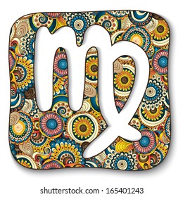 Zodiac sign - Virgo. Vector illustration. Background with abstract flowers and cucumbers. Doodle hand-drawn style