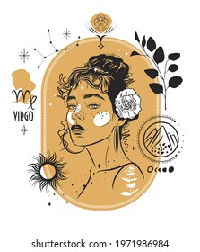 Zodiac sign Virgo. Vector illustration with a portrait of a beautiful girl. Zodiac sign with elements of astrology of this sign. Stars, symbols, a branch of eucalyptus.