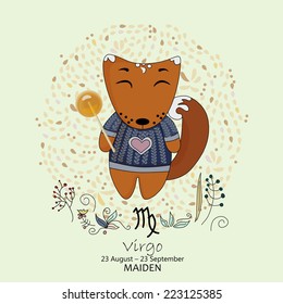 Zodiac sign - Virgo. Vector illustration. Background with flowers in retro style. Doodle hand-drawn style.