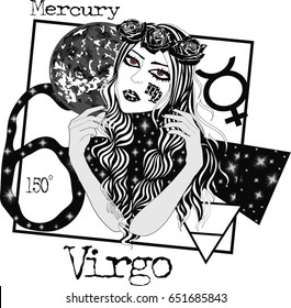 Zodiac sign Virgo -  Vector illustration of the girl with long  hair -  Girl symbolizes the zodiac sign Virgo - Abstract Vector Art