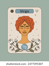 zodiac sign Virgo. White rose flowers. Element Earth stars, moon. The head of a girl with a braid. Poster in vintage style. Flat vector illustration