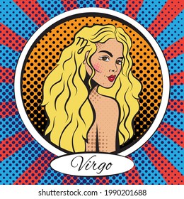 Zodiac sign Virgo woman. Pop art vector illustration. Line art, ideal for poster, print, postcard, colouring book.	
