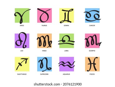 Zodiac sign written by a pen. Astrological symbols of the twelve zodiacal constellations isolated on white background. Vector illustration