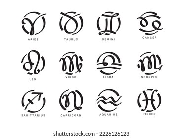 Zodiac sign written by a pen. Astrological symbols of the twelve zodiacal constellations isolated on white background. Vector illustration