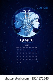 Zodiac signs 2020 calendar, Gemini girl, vector illustration