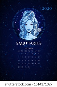 Zodiac signs 2020 calendar, Sagittarius girl, vector illustration