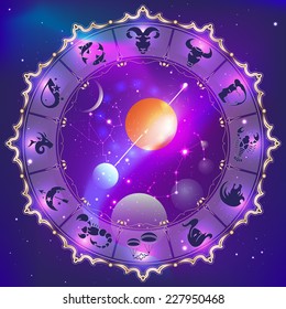 zodiac signs, abstract zodiac circle in space, vector illustration
