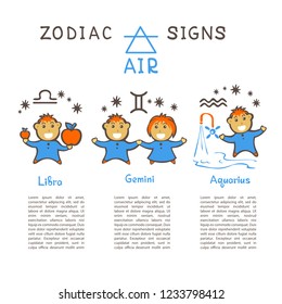 Zodiac signs according to Air element: Gemini, Libra, Aquarius. Zodiac constellations. Template for horoscope and astrological forecast. Cartoon horoscope characters.
