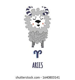Zodiac signs Aires,lettering hand drawn in cartoon style.cute character from the constellations of horoscope.Suitable for children's products, t-shirts, cups, calendar, postcards sticker.isolated
