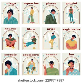 Zodiac-Schilder. Alle Zodiakzeichen in männlichen Porträts Konzept: Taurus, Leo, Gemini (Twin), Capricorn, Pisces, Scorpio, Aquarius, Aries, Krebs, Virgo, Libra und Sagittarius. 
