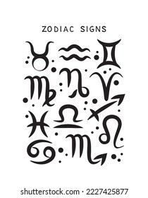 Zodiac signs Aquarius, Aries, Taurus, Gemini, Cancer, Virgo, Scorpio, Sagittarius, Capricorn, Leo, Libra, Pisces. Zodiac constellations. Design element for poster, leaflet. Vector illustration.