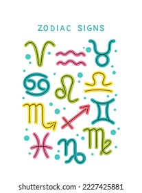 Zodiac signs Aquarius, Aries, Taurus, Gemini, Cancer, Virgo, Scorpio, Sagittarius, Capricorn, Leo, Libra, Pisces. Zodiac constellations. Design element for poster, leaflet. Vector illustration.