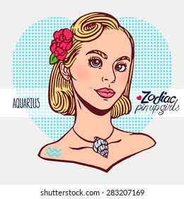Zodiac signs - Aquarius as a girl in the style of pin-up. Hand-drawn illustration