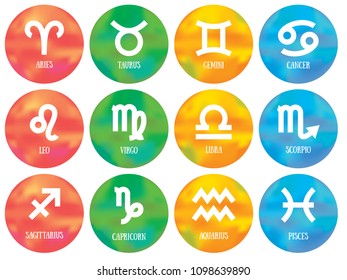 Zodiac signs: aquarius, libra, leo, taurus, cancer, pisces, virgo, capricorn, sagittarius, aries, gemini, scorpio. Astrological calendar collection, zodiacal color vector horoscope. Colorful elements