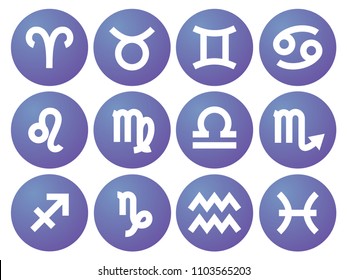 Zodiac signs: aquarius, libra, leo, taurus, cancer, pisces, virgo, capricorn, sagittarius, aries, gemini, scorpio. Astrological calendar collection, zodiacal vector horoscope. Violet color elements