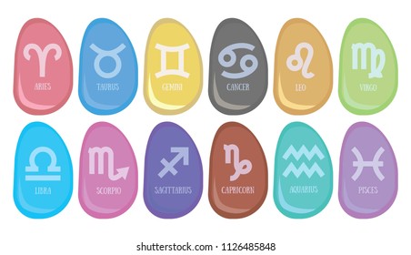 Zodiac signs: aquarius, libra, leo, taurus, cancer, pisces, virgo, capricorn, sagittarius, aries, gemini, scorpio. Astrological calendar collection, zodiacal color vector horoscope. Colorful stones