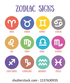 Zodiac signs: aquarius, libra, leo, taurus, cancer, pisces, virgo, capricorn, sagittarius, aries, gemini, scorpio. Astrological calendar collection, zodiacal color vector horoscope. Colorful elements