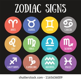 Zodiac signs: aquarius, libra, leo, taurus, cancer, pisces, virgo, capricorn, sagittarius, aries, gemini, scorpio. Astrological calendar collection, zodiacal color vector horoscope. Colorful elements