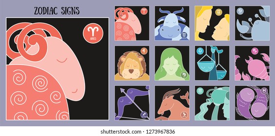 Zodiac signs: aquarius, libra, leo, taurus, cancer, pisces, virgo, capricorn, sagittarius, aries, gemini, scorpio. Astrological calendar collection, zodiacal color vector horoscope. Colorful elements