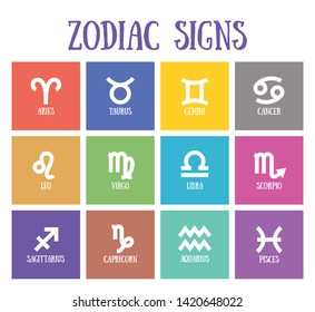 Zodiac signs: aquarius, libra, leo, taurus, cancer, pisces, virgo, capricorn, sagittarius, aries, gemini, scorpio. Astrological calendar collection, zodiacal color vector horoscope. Colorful elements
