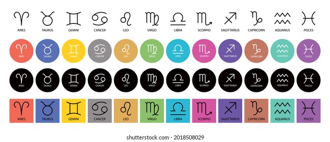 Zodiac signs: aquarius, libra, leo, taurus, cancer, pisces, virgo, capricorn, sagittarius, aries, gemini, scorpio. Astrological calendar collection, zodiacal color vector horoscope
