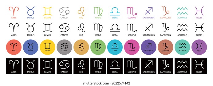 Zodiac signs: aquarius, libra, leo, taurus, cancer, pisces, virgo, capricorn, sagittarius, aries, gemini, scorpio. Astrological calendar collection, zodiacal color vector horoscope