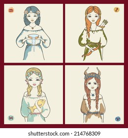 The zodiac signs of Aquarius, Sagittarius, Pisces, Taurusr in the form of beautiful girls.. Set of four characters.Vector art.
