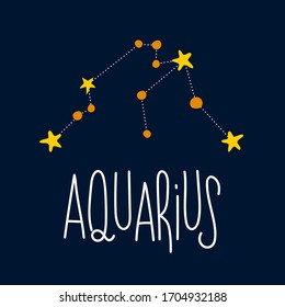 Zodiac signs. Aquarius symbol. Constellation on dark blue background. Astrology. Doodle and freehand drawing in the modern style. Scandinavian style clipart. Vector illustration.