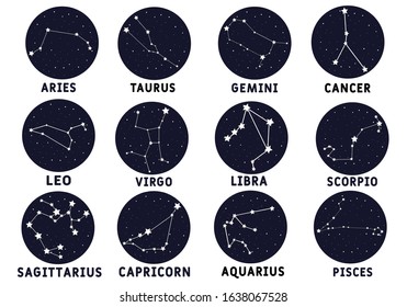 Zodiac signs: aquarius, virgo, capricorn, sagittarius, aries, gemini, scorpio, libra, leo, pisces, taurus, cancer. Astrological calendar collection, zodiacal pictogram, vector horoscope