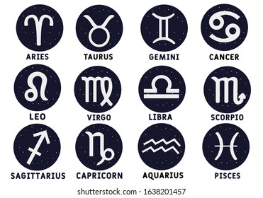 Zodiac signs: aquarius, virgo, capricorn, sagittarius, aries, gemini, scorpio, libra, leo, pisces, taurus, cancer. Astrological calendar collection, zodiacal pictogram, vector horoscope