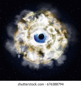 A zodiac signs in the area around the eye with a smoke cloud, drawings and symbols correspond to the name on the sign of the horoscope.