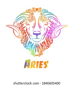 Zodiac signs - Aries colored . T-shirt print. Vector illustration. Mixed media